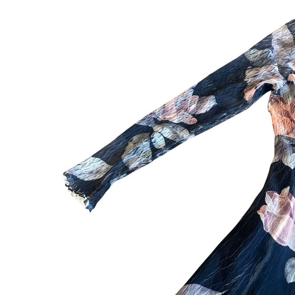 Komarov Grey Floral Print Midi Dress V-Neck Stretch Crinkle Size Small Women NWT - Picture 3 of 15